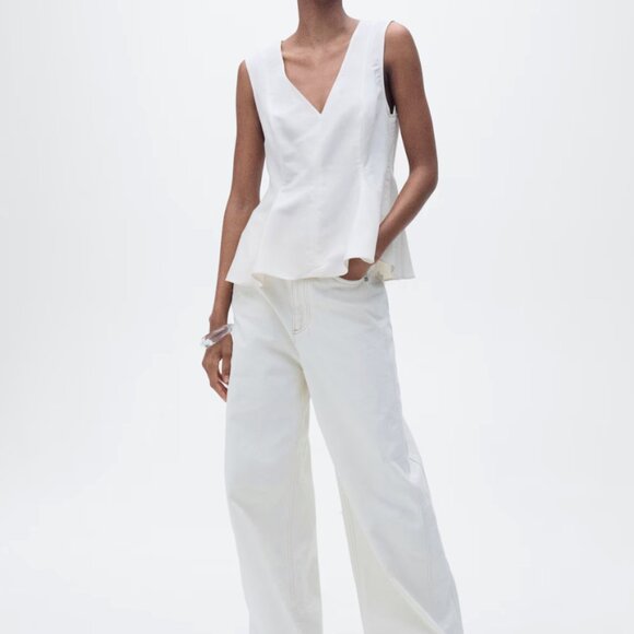 Mango Linen-Blend Peplum Top NWT M White - Picture 1 of 6